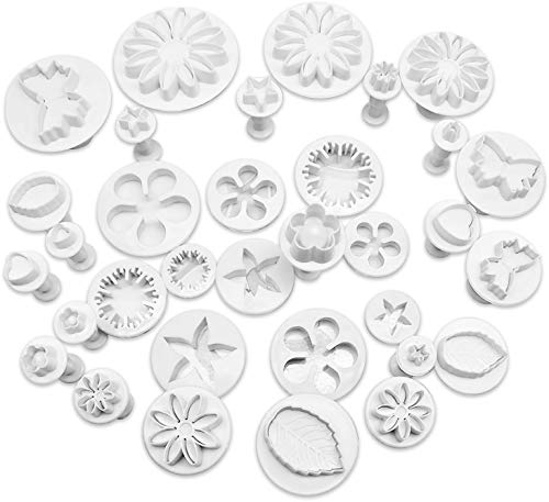 KEPEAK Nuevas Hornear de Molde, 33pcs Cortadores de Embolo de Fondant, DIY Decoración de Pasteles de Galletas, Flor/Corazón/Mariposa/Estrella Herramientas para Dar Forma a Chocolate