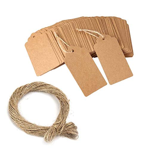 Keweni 100 etiquetas de papel kraft, 3 x 5 cm, etiquetas colgantes con cordel de yute natural de 20 metros, etiquetas de exhibición para regalos, etiquetas de día de San Valentín