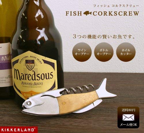 Kikkerland Acero Inoxidable Lightwood Madera de Roble de Peces sacacorchos, Plateado