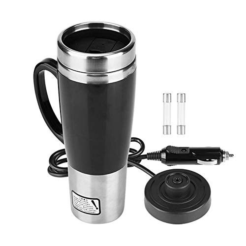 KIMISS 450ML 12V/24V Hervidor de acero inoxidable del coche Hervidor de agua de eléctrica en el coche - Hervidores de bebida de viaje Taza de café de viaje Botella de agua (Mug Negro)(12V)