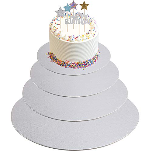 KINDPMA 4 Piezas Bases de Cartón Redondas para Tartas 15 20 25 30CM Cake Board 2MM Almohadilla de Tarta de Pisos con 4pcs Toppers de Tarta para Tarta DIY Plata