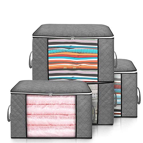 king do way 4PCS Bolsa de Almacenamiento de Ropa de Gran Capacidad, Gruesa Plegable Organizador de Edredones Manta Ropa de Polvo con la Cremallera Robusta y Asa Reforzada 60 x 43 x 35 cm (Gris)