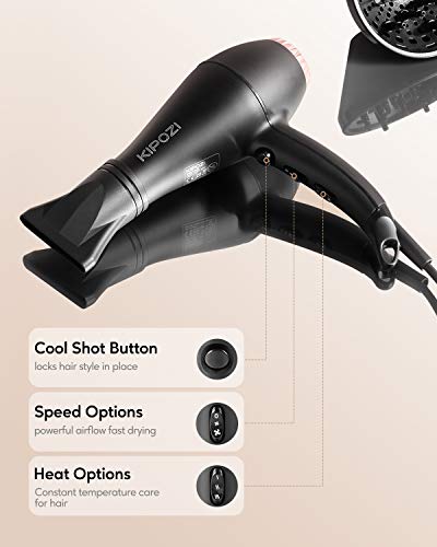KIPOZI Secador de Pelo Profesional 2200W, Secador Iónico con Difusor y Concentrador, Tiempo de Secado Rápido, Negro