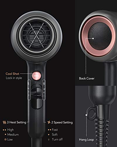 KIPOZI Secador de Pelo Profesional, Secador Pelo Iónico de 2200W, Potente Secador de Pelo de Salón para Secado Rápido con Difusor y Peine, 2 Velocidades y 3 Temperaturas, Gris