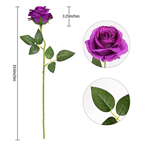 Kisflower 12 Unids Rosas Flores Artificiales Realista Flores de Tallo Único Ramo de Seda Rosa para Fiesta de Boda Oficina Decoración para el hogar (púrpura)