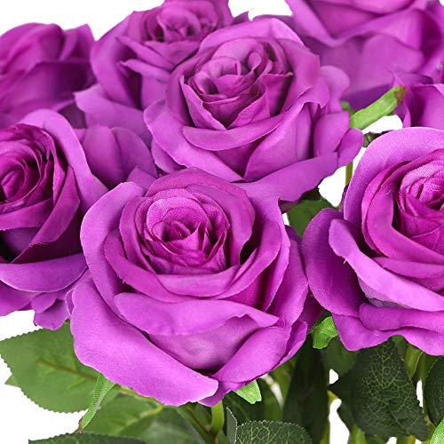 Kisflower 12 Unids Rosas Flores Artificiales Realista Flores de Tallo Único Ramo de Seda Rosa para Fiesta de Boda Oficina Decoración para el hogar (púrpura)