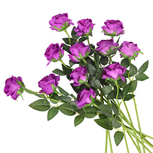 Kisflower 12 Unids Rosas Flores Artificiales Realista Flores de Tallo Único Ramo de Seda Rosa para Fiesta de Boda Oficina Decoración para el hogar (púrpura)
