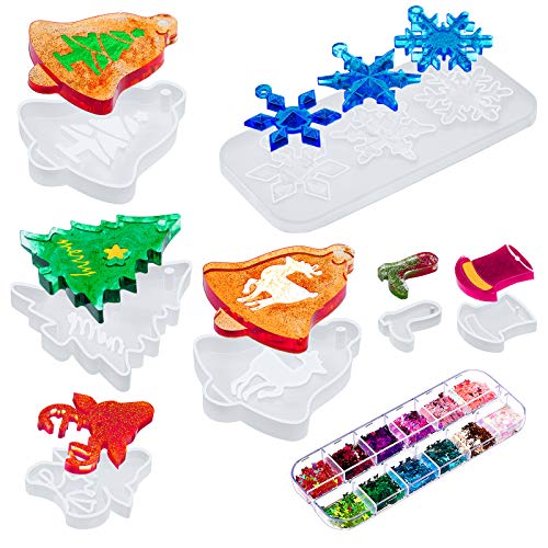Kit de 7 Piezas Moldes de Resina Silicona de Navidad Molde de Fundición de Copo de Nieve DIY Molde de Dije de Navidad Molde de Epoxi de Reno con Lentejuelas de 12 Colores para Decoración Navideña DIY