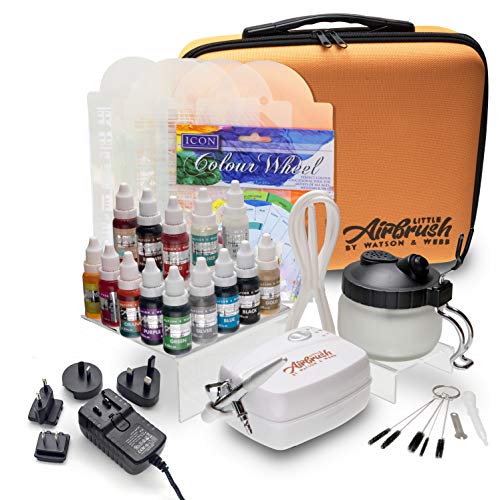 Kit de decoración para tartas con Aerógrafo, de Watson & Webb, incluyendo 14 colores, plantillas, recipiente de limpieza, cepillos de limpieza, rueda de color