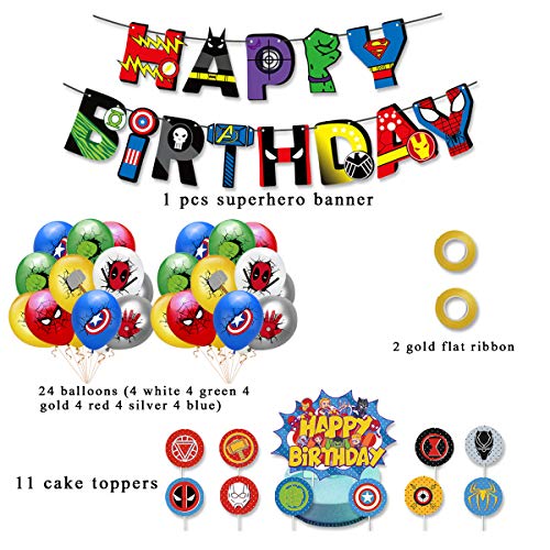Kit de Decoraciones Superhéroes, Pancartas,Globos,Adornos de Pastel Superhéroes, de Fiesta Temáticos Superhéroe Suministros