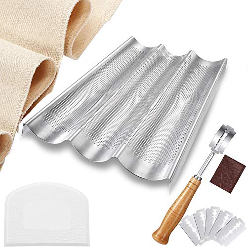 Kit de herramientas para hornear Baguette, kits para hornear perforados con paño de lino para bandeja de hornear antiadherente de pan francés