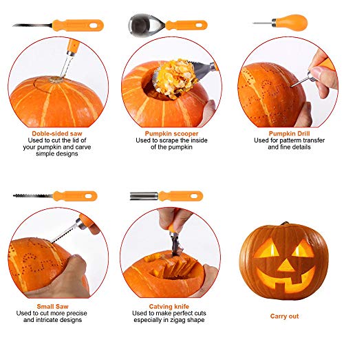 Kit de Talla de Calabaza, JuguHoovi Halloween 7 piezas Juego de Talla de Calabaza Profesional, Acero Inoxidable Robusto, Herramientas de Calabaza de Halloween Fáciles de Tallar para Adultos y Niños