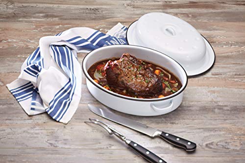 Kitchen Craft 33,5 x 24 x 14,5 cm Living Nostalgia apta para cocinas de inducción esmaltada fuente para horno ovalada con tapa, blanco/gris