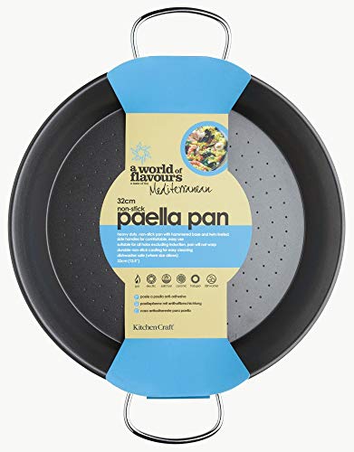 Kitchen Craft World of Flavours Mediterranean Cazo Antiadherente para Paella, Negro, Ø 38.5 cm