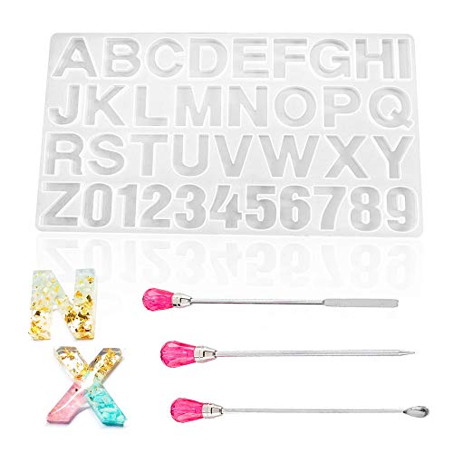 Kitchen-dream Letras molde de silicona 1 pieza Moldes de resina con número de letras y 3 piezas de varillas de agitación Decoración colgante Kit de molde de resina epoxi de fundición de joyería