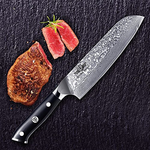 Kitchen Emperor Cuchillo Santoku Damasco, Cuchillo Acero Damasco, Cuchillos de Cocina Profesionales, Prima 67 Capas de Acero