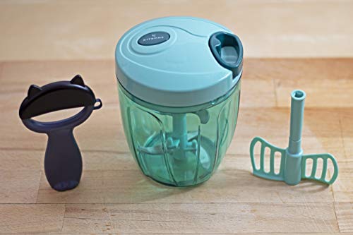 Kitkome Picador Manual de Alimentos - 900ml - 5 Cuchillas de Acero Inoxidable Multiuso Ecológico y Fácil de Limpiar - Tritura Rápido y Eficazmente las Verduras - Incluye Accesorios de Regalo