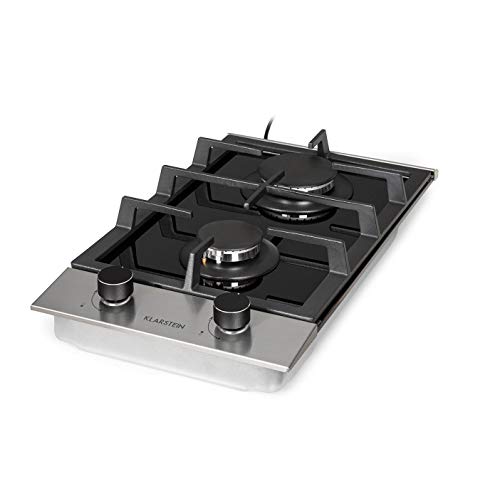 Klarstein Alchemist - Placa de cocina de gas, Autárquico, Quemadores de aluminio, Gas natural/butano, Soportes de hierro fundido, Superficie de vitrocerámica, Mandos giratorios, 2 fogones, Negro