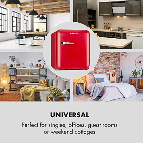 Klarstein Audrey Mini nevera retro - Mininevera, Nevera para bebidas, Eficiencia energética de tipo A+, 48 litros de capacidad, 2 plantas, Temperaturas de 0-10 °C, Zona de botellas, Rojo