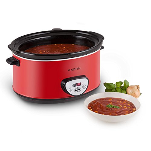 Klarstein Banquet - Olla de cocción Lenta, Olla Lenta, 6,5 l, 320 W, Temporizador, Panel de Control con Pantalla Digital, Interior de cerámica, Tapa de Vidrio, Apto para lavavajillas, Rojo