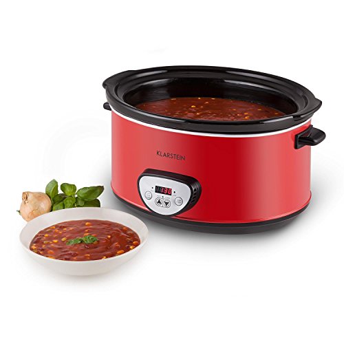 Klarstein Banquet - Olla de cocción Lenta, Olla Lenta, 6,5 l, 320 W, Temporizador, Panel de Control con Pantalla Digital, Interior de cerámica, Tapa de Vidrio, Apto para lavavajillas, Rojo