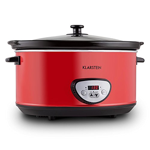 Klarstein Banquet - Olla de cocción Lenta, Olla Lenta, 6,5 l, 320 W, Temporizador, Panel de Control con Pantalla Digital, Interior de cerámica, Tapa de Vidrio, Apto para lavavajillas, Rojo