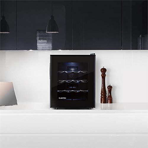 Klarstein Barolo - Nevera para vino, Refrigerador de bebidas, Volumen 48L, Capacidad 16 botellas, Doble aislamiento, Bandejas extraíbles, Iluminación LED, Diseño estrecho, Negro