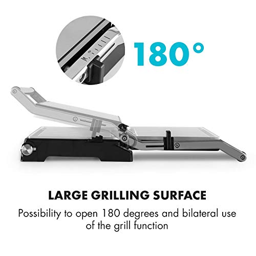 Klarstein Buffalo - barbacoa de contacto, máquina de paninis, 2000 W, tecnología Ceramic Coating, se abra hasta 180 grados, bandeja para recoger grasa, acero cepillado, plateado