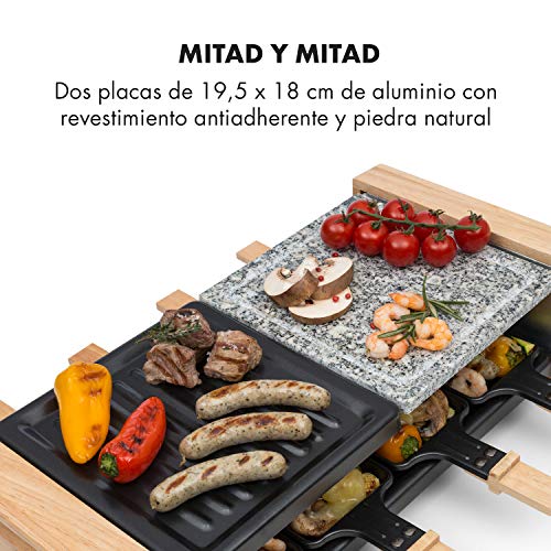 Klarstein Chateaubriand Nuovo Raclette con Piedra Natural - Barbacoa Raclette, Parrilla, 1200 W, Aluminio/Piedra, 8 Personas, Regulable, Acero Inoxidable, con Accesorios, Negro-Marrón
