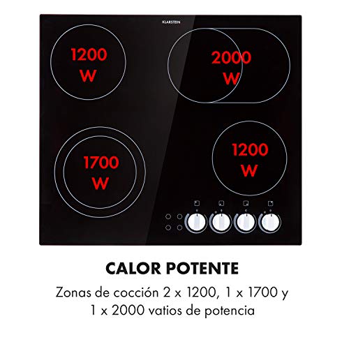 Klarstein EasyCook placa de cocina cerámica - encastrable, sin bordes, 58 cm, 4 zonas, 6100 W, regulador giratorio, luces de control, zona de asador, vidrio tintado, negro