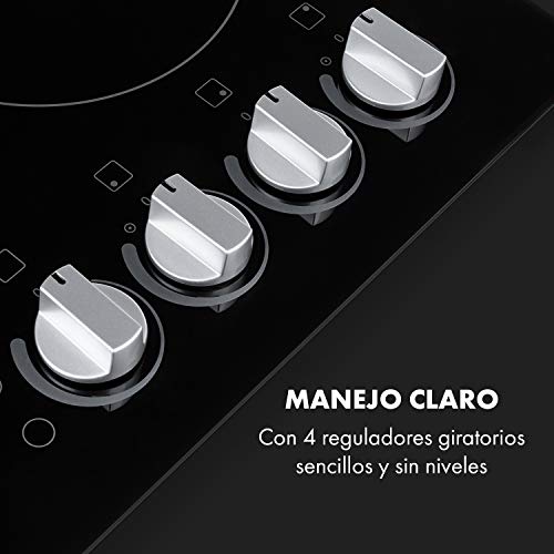 Klarstein EasyCook placa de cocina cerámica - encastrable, sin bordes, 58 cm, 4 zonas, 6100 W, regulador giratorio, luces de control, zona de asador, vidrio tintado, negro