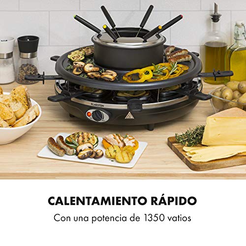 Klarstein Fonduelette Raclette y Fondue, 1350 W, Fondue: 1 L, superficie grill: 38cm Ø, revestimiento antiadherente, asas resistentes al calor, 8 horquillas para fondue de acero inoxidable