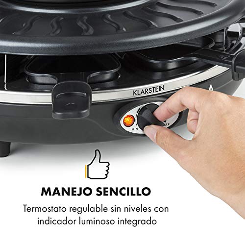 Klarstein Fonduelette Raclette y Fondue, 1350 W, Fondue: 1 L, superficie grill: 38cm Ø, revestimiento antiadherente, asas resistentes al calor, 8 horquillas para fondue de acero inoxidable