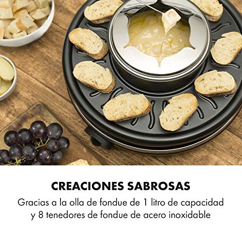Klarstein Fonduelette Raclette y Fondue, 1350 W, Fondue: 1 L, superficie grill: 38cm Ø, revestimiento antiadherente, asas resistentes al calor, 8 horquillas para fondue de acero inoxidable