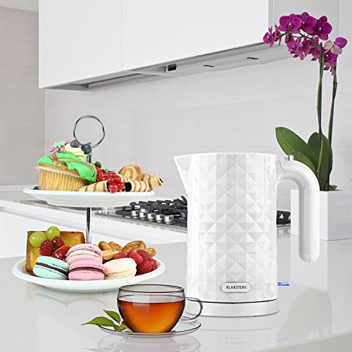 Klarstein Granada Bianca Hervidor de agua - Inalámbrico, Tetera eléctrica, Diseño geométrico, 1,7 L, 2200 W, Asa Cool Touch, Base con recogecable, Blanco