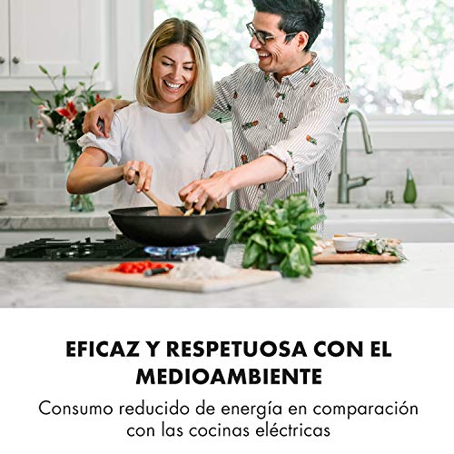 Klarstein Ignito - Placa de cocina a gas, Autárquico, Quemador Sabaf, Gas natural/propano, Válvula de seguridad, Autoapagado, Vitrocerámica, Rejillas de hierro fundido, 60 cm, 4 fuegos, Negro