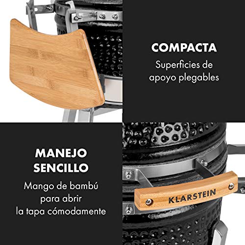KLARSTEIN Princesize Pro Kamado – Barbacoa de cerámica y ahumador, 13" Pulgadas de diámetro (33 cm), Parrilla de Acero Inoxidable, para Asar, cocinar a Fuego Lento, ahumar u Hornear, Negro