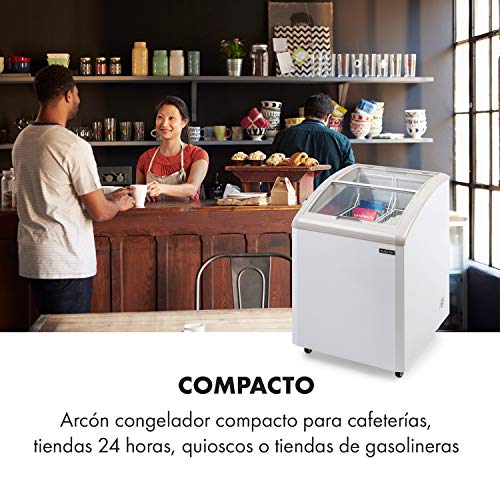Klarstein Pro Eispalast, 100 litros, congelador con tapa corrediza de vidrio, catering, comercial, snack, pequeño, 60 x 91 x 67 cm, congelador, puerta corrediza de vidrio, 2 cestas colgantes, blanco