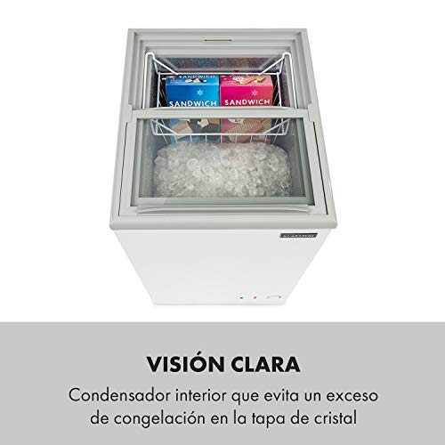 KLARSTEIN Pro Eispalast - Congelador con tapa corrediza de vidrio, 60 L, catering, comercial, snack bar, 47,5 x 84 x 55 cm, congelador, puerta corrediza de vidrio, cesta colgante, blanco