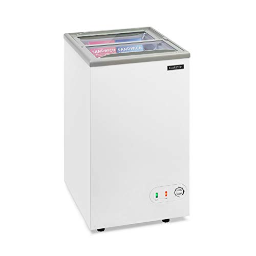 KLARSTEIN Pro Eispalast - Congelador con tapa corrediza de vidrio, 60 L, catering, comercial, snack bar, 47,5 x 84 x 55 cm, congelador, puerta corrediza de vidrio, cesta colgante, blanco
