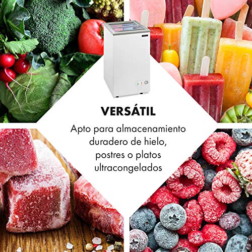 KLARSTEIN Pro Eispalast - Congelador con tapa corrediza de vidrio, 60 L, catering, comercial, snack bar, 47,5 x 84 x 55 cm, congelador, puerta corrediza de vidrio, cesta colgante, blanco