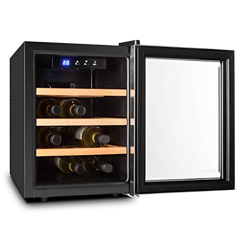 Klarstein Reserva Doce - Mini nevera para 9 Botellas, Nevera para vinos, Capacidad 33 Litros, Eficiencia energética clase A, Estantes de madera, Extra silenciosa, Luz LED interior, Negro-plata