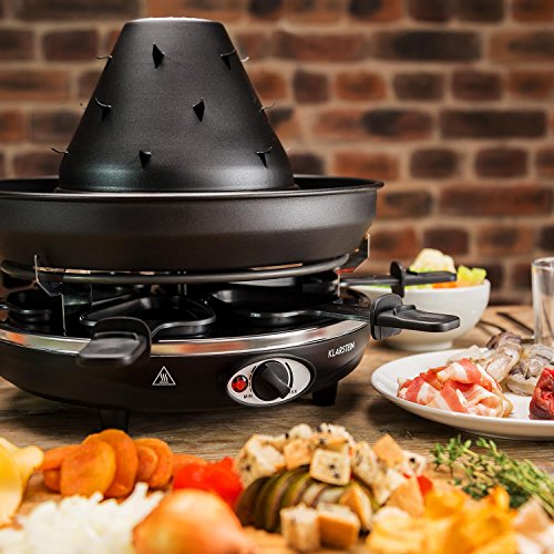 Klarstein Taste Volcano Raclette - Grill de mesa, Parrilla eléctrica, Grill tártaro, 1500 W, Temperatura Regulable, Asar, Hornear Mini-sartenes Antiadherente, negro
