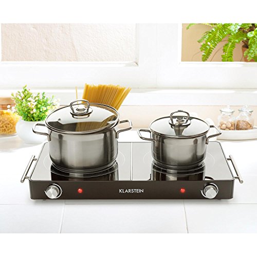 Klarstein VariCook Duo - Placa de cocina, Hornillo eléctrico, Cocina eléctrica, Potencia 3000W, Cocción por infrarrojos, Radiador halógeno, Fogones de 20 y 16,5cm, Acero inoxidable, Negro