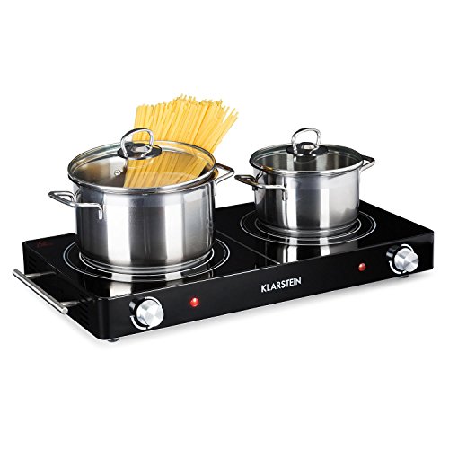 Klarstein VariCook Duo - Placa de cocina, Hornillo eléctrico, Cocina eléctrica, Potencia 3000W, Cocción por infrarrojos, Radiador halógeno, Fogones de 20 y 16,5cm, Acero inoxidable, Negro