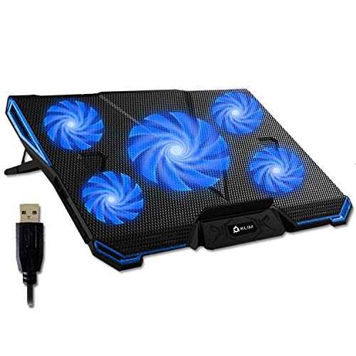 KLIM Cyclone - Base de Refrigeración para Portátil + Potente Refrigerador Portátil con 5 Ventiladores para Ordenador Gaming + Varias inclinaciones + Soporte Estable + Azul [Nueva Versión 2020]