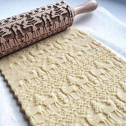 KOBWA - Rodillo de Navidad Grabado de Madera Tallada en Relieve, Herramienta de Cocina, Hornear con Masa de niños y para Fondant, Galletas, crudos, Patas y Manualidades de Arcilla pastelera, 43cm
