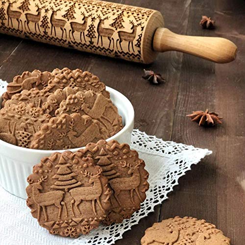 KOBWA - Rodillo de Navidad Grabado de Madera Tallada en Relieve, Herramienta de Cocina, Hornear con Masa de niños y para Fondant, Galletas, crudos, Patas y Manualidades de Arcilla pastelera, 43cm