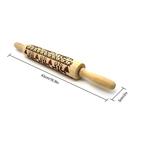 KOBWA - Rodillo de Navidad Grabado de Madera Tallada en Relieve, Herramienta de Cocina, Hornear con Masa de niños y para Fondant, Galletas, crudos, Patas y Manualidades de Arcilla pastelera, 43cm