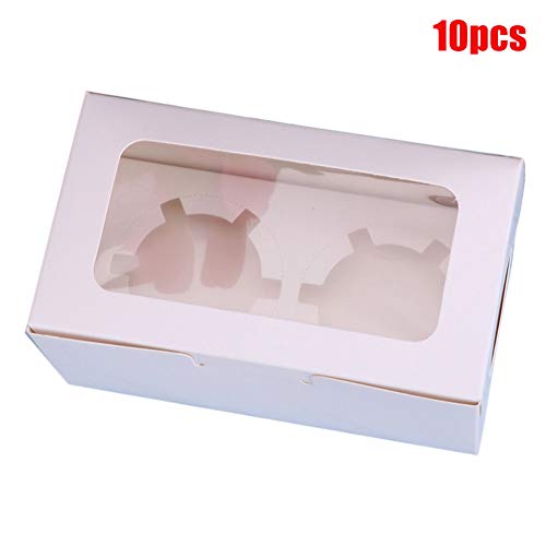 KOET - Caja para magdalenas, 10 unidades, 2/4/6 agujeros de cartón con ventana transparente y espacio empotrado para panadería, fiesta, postre, embalaje, No nulo, Blanco, 2 holes